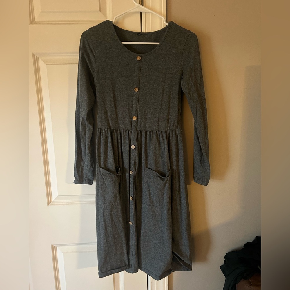 Gray Long Sleeve Button-Down Dress